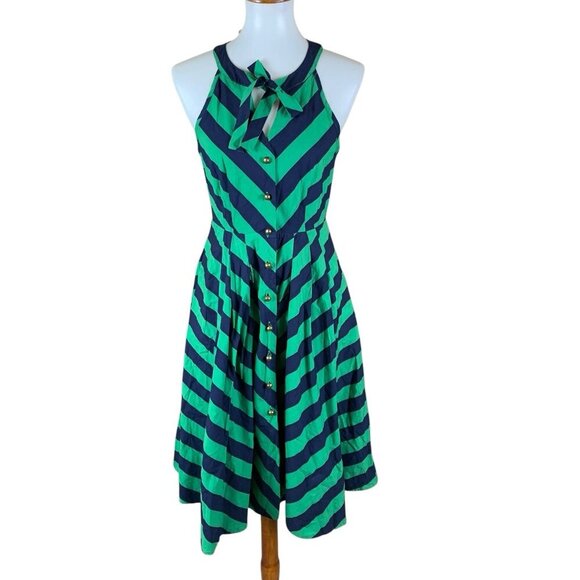 Girls From Savoy Green Navy Striped Halter Sundress Bow Neck Fit Flare Cotton 4 - Picture 1 of 6